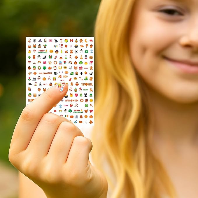 Mini Nail Stickers for Kids - 1200 Pcs All Holiday Favors for Little Girl, 11 Holidays 3D Cute Halloween, Christmas Designs - DIY Home Nail Art Decals for Toddler Easter Basket (6 Sheets)