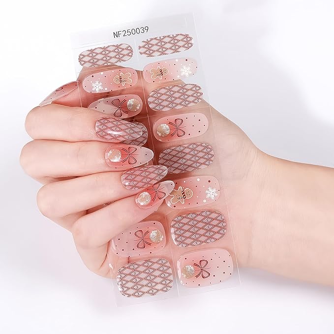 Christmas Semi Cured Gel Nail Strips, 16 Pcs Winter Xmas Gel Nail Stickers Gingerbread Man Bell Snowflake Designs Wraps for UV/Led Manicure Lamp Nails Art Decorations
