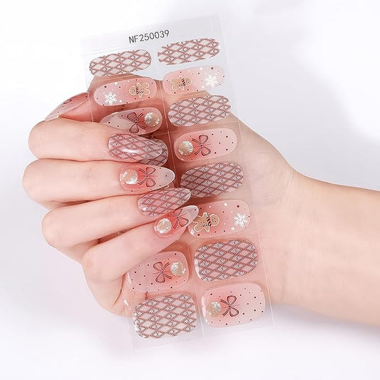 Christmas Semi Cured Gel Nail Strips, 16 Pcs Winter Xmas Gel Nail Stickers Gingerbread Man Bell Snowflake Designs Wraps for UV/Led Manicure Lamp Nails Art Decorations