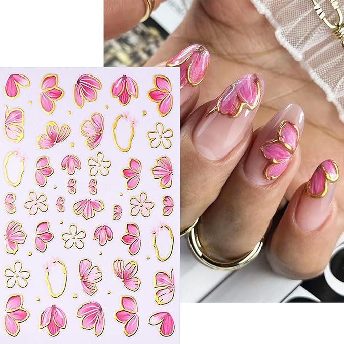 6 Sheets Pink Flower Nail Stickers for Nail Art Cherry Blossom Petals Nail Art Stickers Golden Edge with Pink Floral Blossom Design Spring Summer Nail Decals Nail Supplies for Women Acrylic Manicure