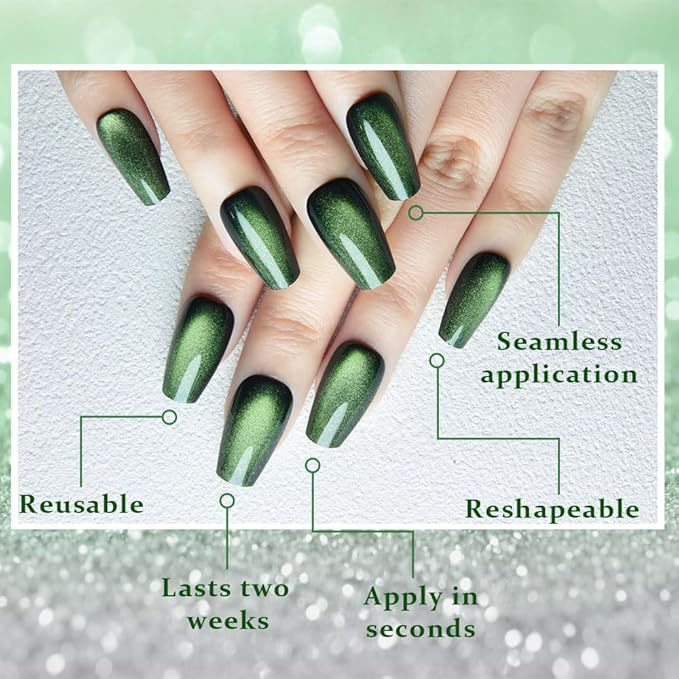 evpct Emerald Green Cat Eye Coffin Press on Nails Square Medium, Medium Square Glue on Nail for Women Gift, Green Metallic Glitter Glossy Reusable Soft Gel Press on Acrylic Fake Nail with Designs