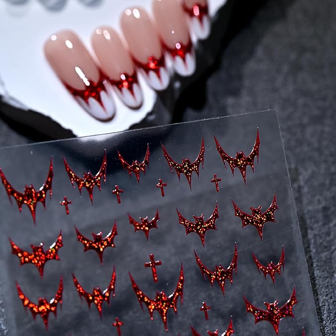 Halloween Nail Art Stickers Decals Red Glitter Bat Nail Stickers 3D Embossed Red Bling Bat Cross Gothic French Design Halloween Nail Decals Manicure Sliders for Women DIY Nail Art Decorations Supplies