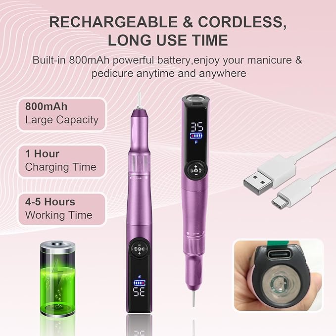 Electric Nail Drill Rechargeable Professional,2 in 1 Nail Grinder & UV Lamp Combo,35000 RPM,Portable Cordless Nail File Machine for Acrylic Nails,Gel Polishing,Shaping Nails,Manicure Art Tools