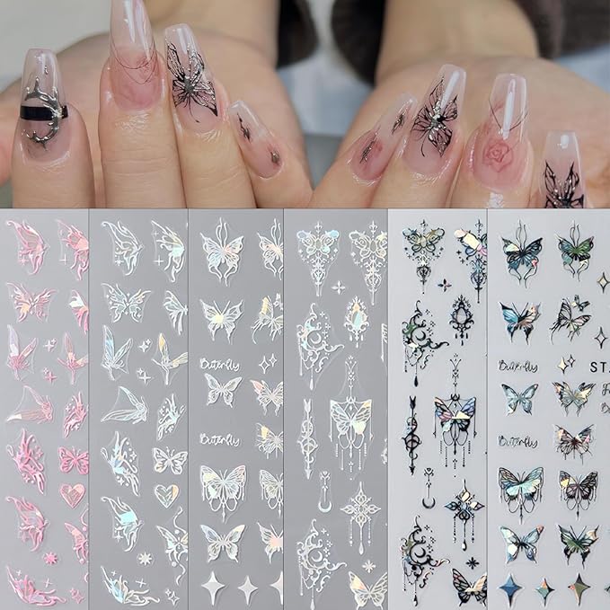 6 Sheets Glitter Black Pink Butterfly Nail Art Stickers, 3D Holographic Laser Embossed Pendant Butterfly Design Nail Decals Star Heart Shape Nail Stickers for Women DIY Nail Decoration