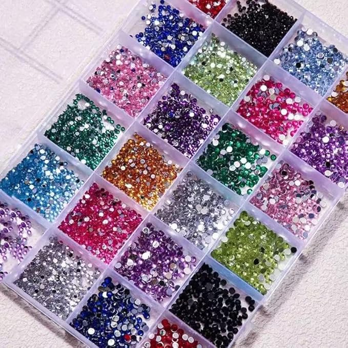 24Grid Nail Art Rhinestone Flatback Gems Crystals Diamond for Nail Decoration Round Rhinestones Kit with Pickup Pencil and Tweezer for DIY and Professional Nail Art