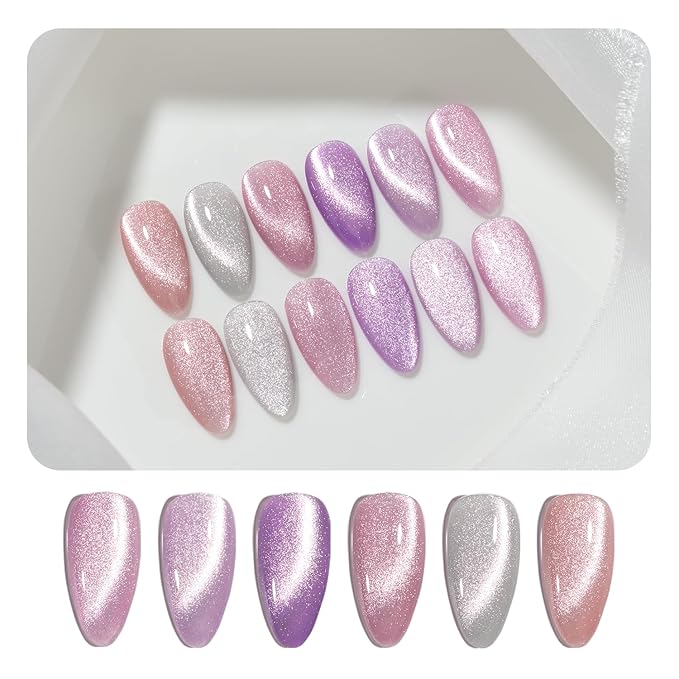 GAOY Glitter Purple Cat Eye Gel Nail Polish Set with Magnet for Pink Holographic Cat Eye, Salon Gel Manicure and Nail Art DIY at Home