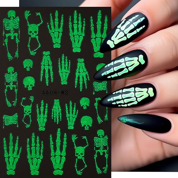 Halloween Nail Art Stickers Decals Horror Skull Spider Web Nail Decals Glow in The Dark Halloween 3D Self-Adhesive Nail Stickers for Nail Art DIY Manicure Tip Holidays Nails Decoration 4 Sheets