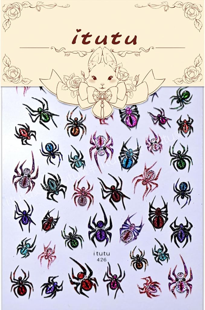 5D Spider Halloween Nail Stickers for Nail Art 3D Glitter Spider Web Nail Decals 1 Sheets Colorful Relief Spider Nail Art Designs Festive Embossed Adhesive Sliders Decal DIY Manicure Decor for Women