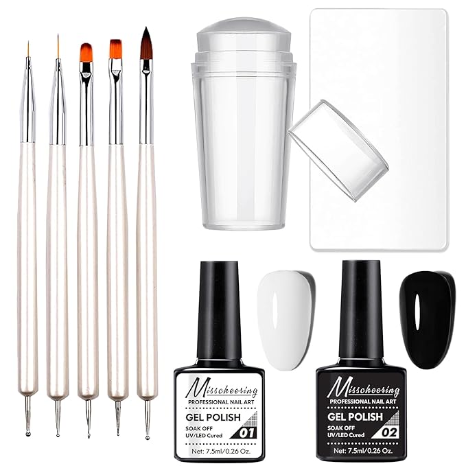 French Nail Stamper Gel Nail Polish Kit with Nail Art Brush Dotting Pens, Gorvalin Black & White UV Gel Nail Polish French Manicure Kit for French Tips DIY Nail Design