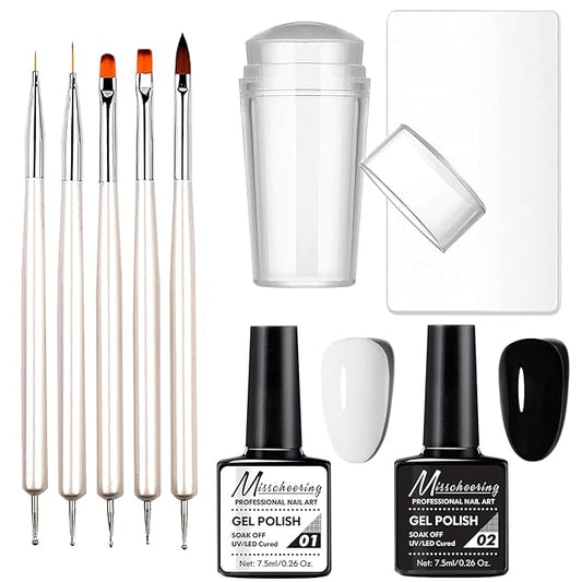 French Nail Stamper Gel Nail Polish Kit with Nail Art Brush Dotting Pens, Gorvalin Black & White UV Gel Nail Polish French Manicure Kit for French Tips DIY Nail Design