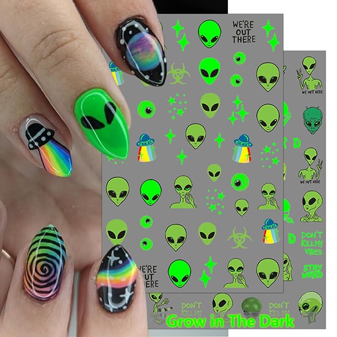 Alien Nail Art Stickers - Glow in The Dark ET UFO Astronaut Rocket Design Self-Adhesive Nail Decals for DIY Extraterrestrial Space Moon Star Manicure (6 Sheets)