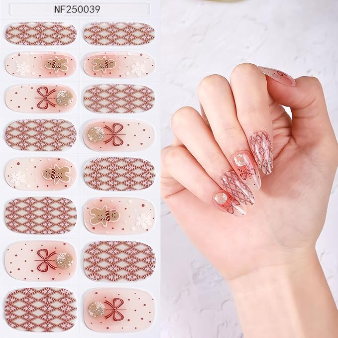 Christmas Semi Cured Gel Nail Strips, 16 Pcs Winter Xmas Gel Nail Stickers Gingerbread Man Bell Snowflake Designs Wraps for UV/Led Manicure Lamp Nails Art Decorations