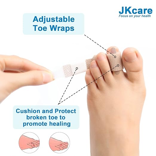 JKcare Broken Toe Wraps, 8 Pack Improved Hammer Toe Cushion Bandages, Toe Buddy Separator Splint for Overlapping, Bent, Crooked Toe Pain Relief - Temporary Toe Straighteners