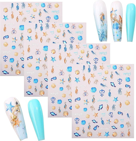 4 Sheets Ocean Life Nail Art Stickers, 5D Embossed Self-Adhesive Starfish and Shell Nail Stickers Summer Sea Theme Design for Women Girls DIY Nail Salons Manicure Decoration