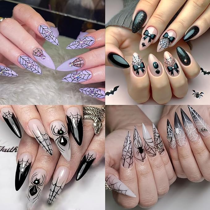 4Sheets Halloween Nail Art Stickers 5D Self Adhesive Black Red Bow Nail Decals with Drill Blood Drop Spider Web Nail Stickers Halloween Gothic Design Holiday Nail Decoration Accessories for Women