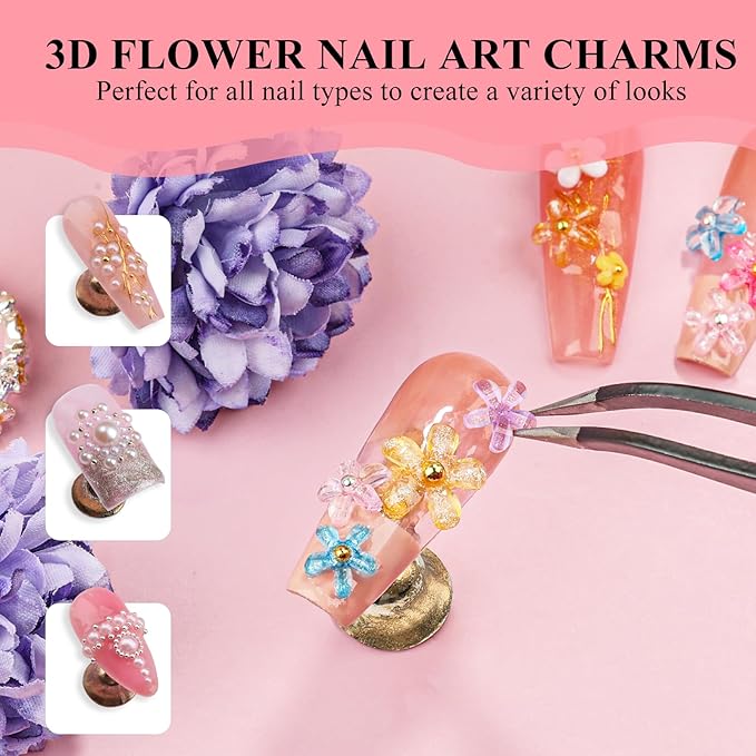 3 Boxes 3D Flower Nail Charms and Gems - Colorful Nail Flower & Metal Butterfly Charms Clear Rhinestones Gemstones Silver/Gold Caviar Beads White Pearls with Nail Chain for DIY Nails (13-S3-Mixed2)