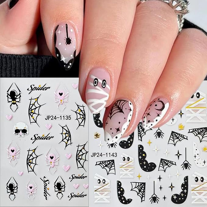 4 Sheets Halloween Nail Stickers 5D Embossed Self-Adhesive Mummy Nail Decals Cute Ghost Pumpkin Spider Web Skull Nails Design Stickers Halloween Nails Art Supplies for Women Holiday DIY Manicure Decor