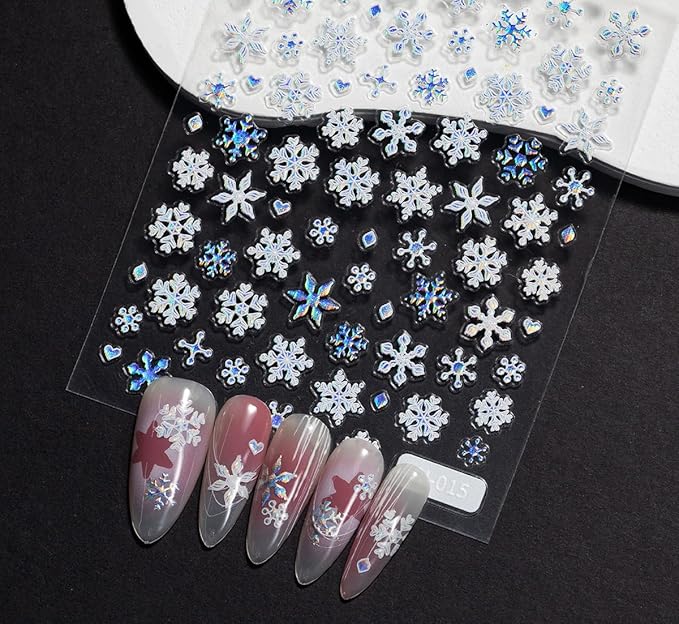 Snowflake Nail Stickers 5D Embossed Laser Christmas Snow Nail Art Stickers Self-Adhesive Pegatinas Uñas Xmas Snow Designs Holiday Winter Nail Decals Nail Art Supplies for Women Girls Acrylic Nails