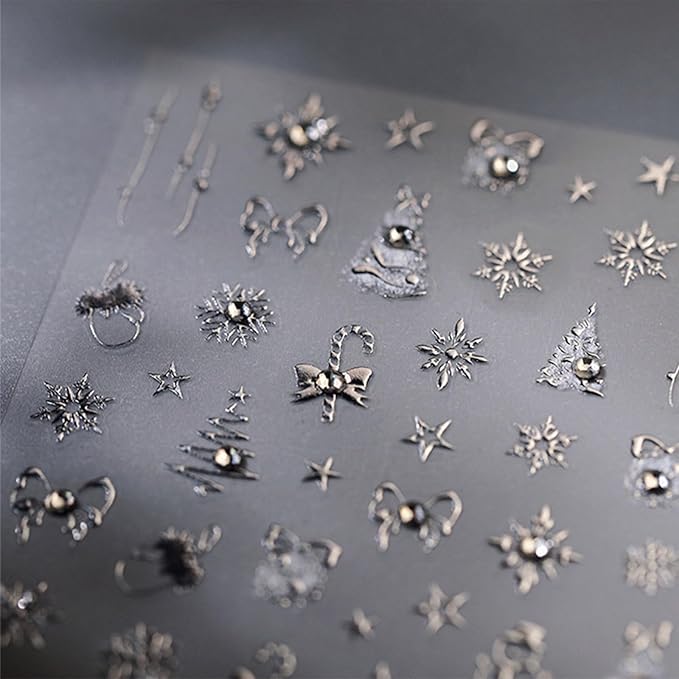 JMEOWIO 3D Embossed Christmas Holiday Snowflake Nail Art Stickers Decals Self-Adhesive 5D Nail Supplies Nail Art Design Decoration Accessories 1 Sheets