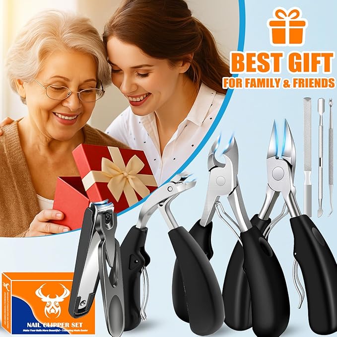 Long Handle Toenail Clippers Set for Seniors Thick Toenails, 7-in-1 Heavy Duty Nail Clippers with Catcher, Professional Ingrown Toenail Clippers for Men and Women, Manicure Pedicure Kit
