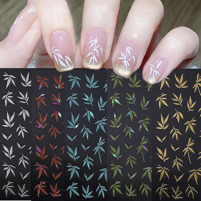5 Sheets Fall Nail Stickers Colorful Bamboo Leaf Nails Decals 3D Self Adhesive Orange Blue Green Silver Gold Nails Design Autumn Nail Art Stickers Fall Leaves Sticker for Women Manicure Supplies