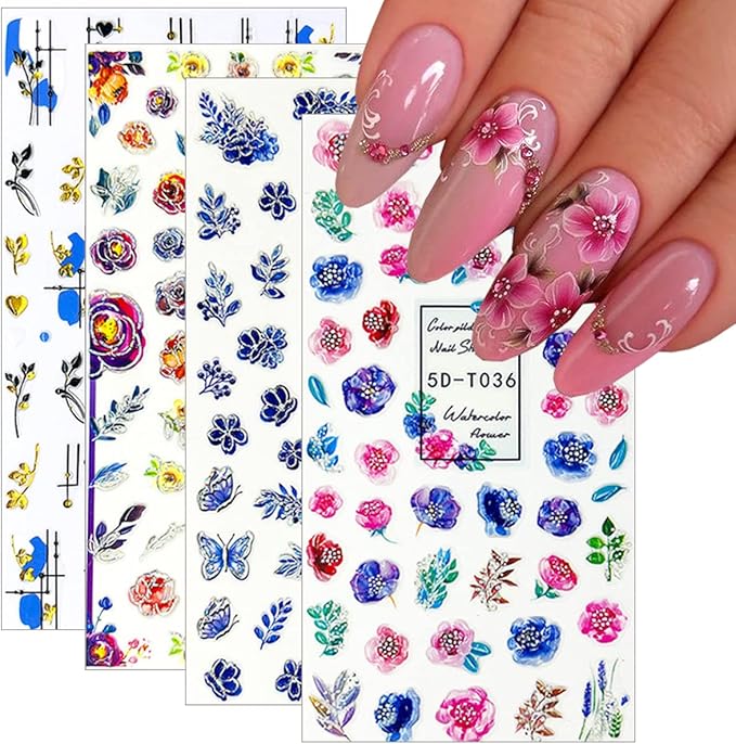 4 Sheets Flower Nail Art Stickers 5D Embossed Nail Decals Flowers Petals Leaf Nail Design Spring Sticker Geometry Engraved Floral Adhesive Foils Summer Leave Butterfly For Nail Art Manicure Decoration