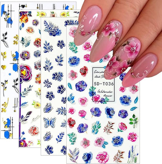 4 Sheets Flower Nail Art Stickers 5D Embossed Nail Decals Flowers Petals Leaf Nail Design Spring Sticker Geometry Engraved Floral Adhesive Foils Summer Leave Butterfly For Nail Art Manicure Decoration