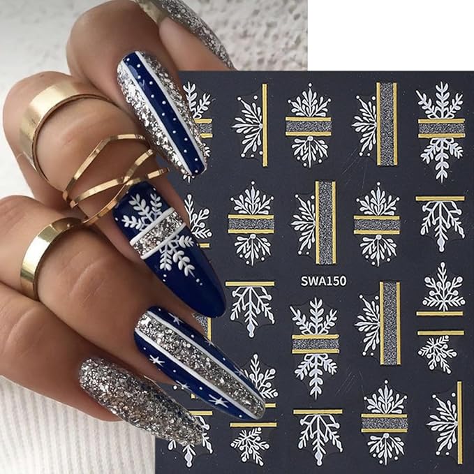 Christmas Nail Art Stickers Decals Snowflake Nail Decals 6PCS White Black Snowflake Gold French Stripe Tips Heart 3D Self-Adhesive Christmas Nail Stickers for Women Holiday DIY Nail Art Decorations