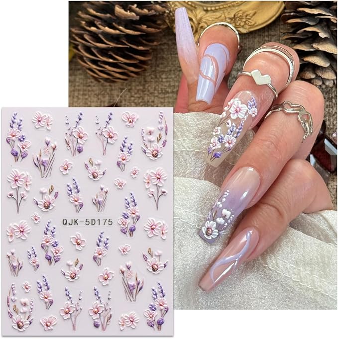 JMEOWIO 3D Embossed Flower Nail Art Stickers Decals Self-Adhesive 5D Spring Summer Floral Nail Supplies Nail Art Design Decoration Accessories 4 Sheets
