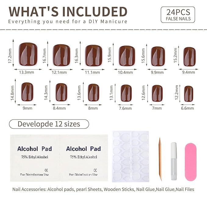 Press on Nails Short Square, Chocolate Brown Fake Nails Kit, Fashion Glossy Acrylic Press on Nail, Natural Stick on Nail, Thick Reusable Glue on Nails Short Press on Nail for Women