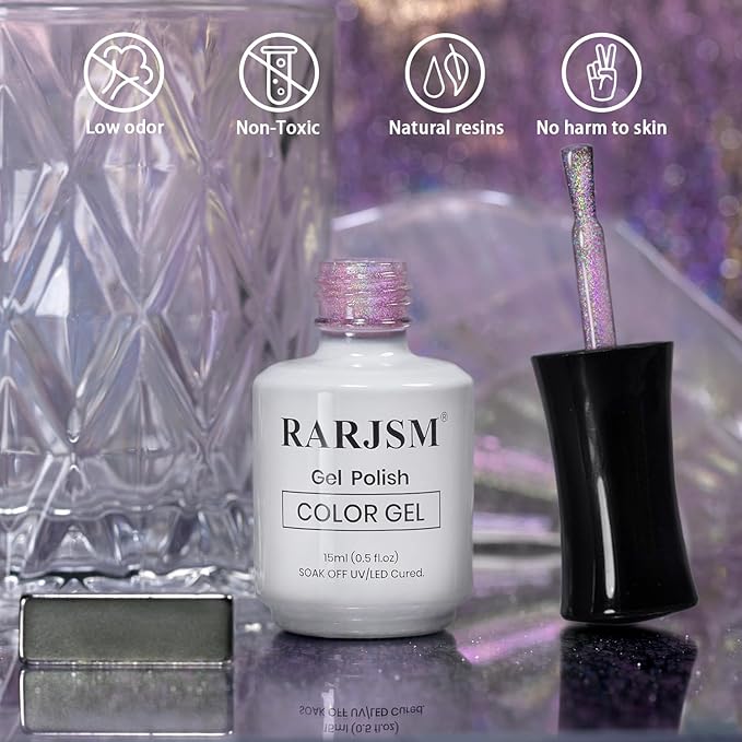 RARJSM Aurora Holographic Cat Eye Gel Nail Polish Purple Pink Laser Rainbow Iridescent Glitter Sparkle Cat Eye Gel Polish with Magnet Stick Soak off UV LED Curing Requires Home Salon Diy Nail Art