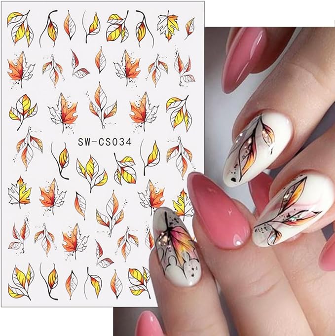 6 Sheets Fall Maple Leaf Nail Stickers Thanksgiving Nail Art Stickers 3D Self-Adhesive Gold Maple Leaves Nail Decals Autumn Fallen Leaves Ginkgo Leaf Nail Decoration for Women Girls Nail Art Designs
