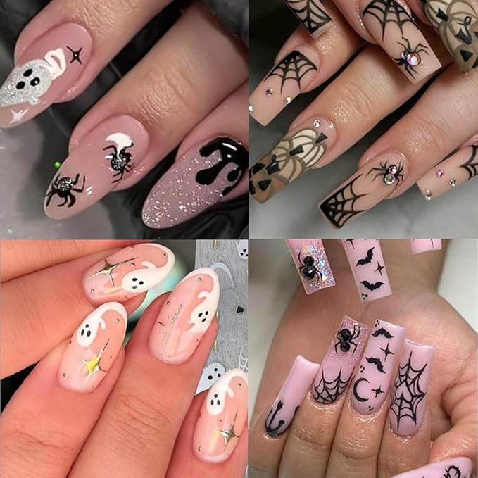 6 Sheets Rhinestones Halloween Stickers 3D Self Adhesive Pink Ghost Nail Art Stickers Glitter Pumpkin Charms Nail Decals Spooky for Women Halloween DIY Manicure Salon