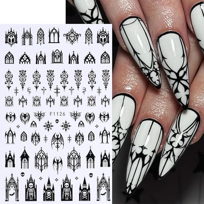 7 Sheets Black Gothic Nail Stickers for Nail Art, 3D Self-Adhesive Witchy Halloween Nail Decals, Nail Supplies Nail Art Designs Accessories for Women and Girls Manicure DIY Decoration