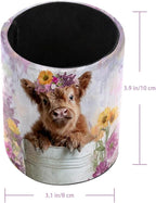 Leather Pen Holder for Desk, Highland Cow Purple Flower Pencil Cup Pen - Image 3