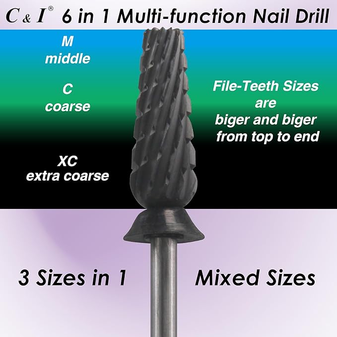 C & I Nail Drill Bit 6 in 1 Multi-function Rounded End E-file, Diamond Coat, CNC Overall Cut Nail Tools for Nail Techs Quick Remove Acrylic Nail Gels & Nail Art (Special Coat, Extra Coarse -XC)