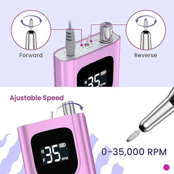 Delanie Electric Nail Drill Professional 35000 RPM Rechargeable Portable E-File for Nail Tech, Violet