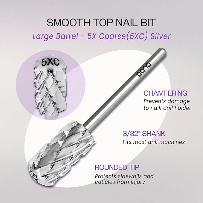 PANA 3/32" Large Smooth Round Top Safety Carbide Nail Drill Bit for Gel Polish & Acrylic Removal Nail Salon Manicure Pedicure Electric File Tools (Large Barrel - Silver, 5X Coarse)