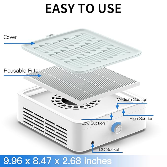 ZIZZON Nail Dust Collector with Reusable Filter for Nail Tech, 120W Power Vacuum Fan Dust Collector Extractor, Electric Dust Suction Machine for Acrylic Gel Nail Polishing Nail Salon