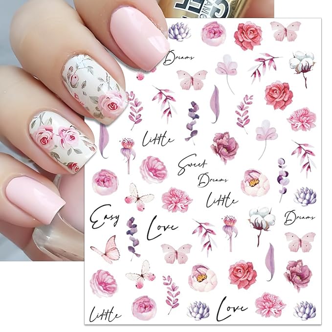 Rose Flower Nail Art Stickers - Pink Floral Leaf Self-Adhesive 3D Nail Decals for DIY Spring Summer Manicure (6 Sheets)