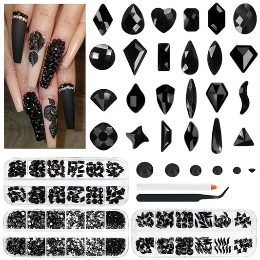 3 Boxes Jet Black Nail Rhinestones 240 Multi-Shapes Stones for Nails Big Gems K9 Glass Flatback Round Beads Diamonds Jewels Nail Art Charms for Face Eyes Makeup Crafts Tumblers Bottles Clothes