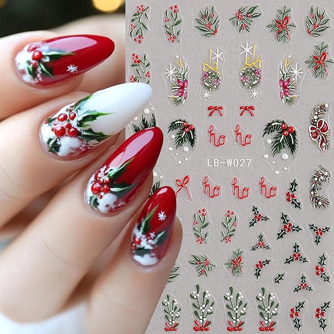 4Sheets Christmas Nail Art Stickers 3D Embossed Xmas Tree Elk Nail Decals for Acrylic Nails Self-Adhesive Holly Leaves Designs Nail Stickers Snowflake Star Nail Decal for Women Festive Manicure Decor