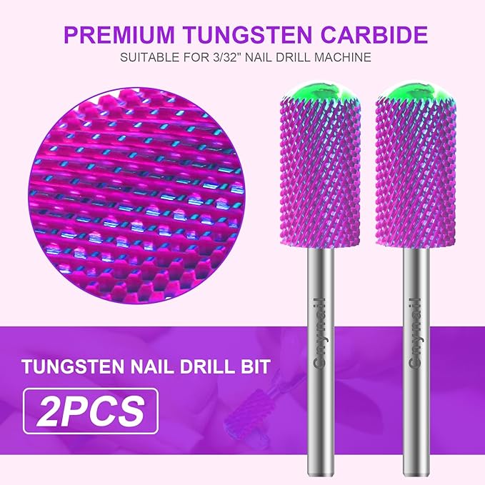 3/32" 2PCS Large Barrel Smooth Round Top Tungsten Carbide Nail Drill Bit Safety Bit for Gel & Acrylic Removal, 2-Way Rotating Efile Tip, Salon Electric File Accessory (M Grit, Purple)