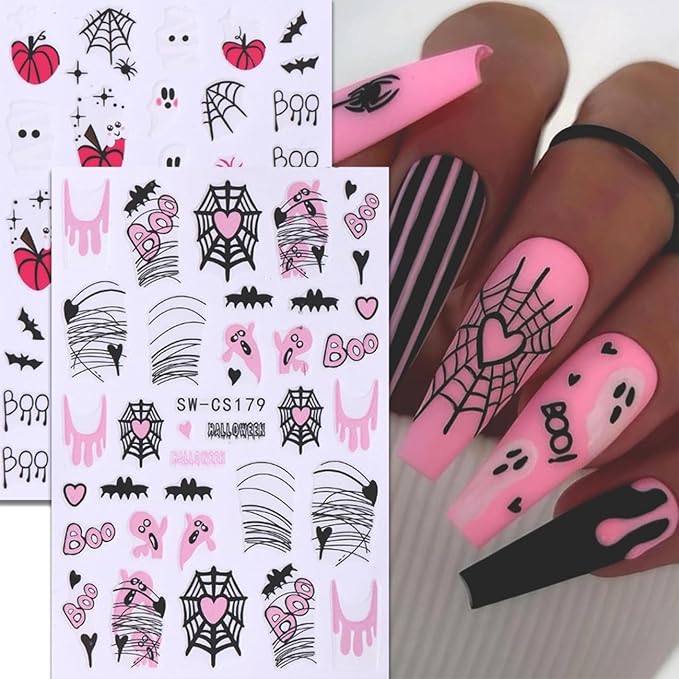 6 Sheets Halloween Nail Art Stickers,3D Cute Nail Decals White Ghost DIY Nail Tips Sticker for Halloween Party, Skull Pumpkin Star Ghost Bat Spider Web Self-Adhesive Designs Manicure Decorations