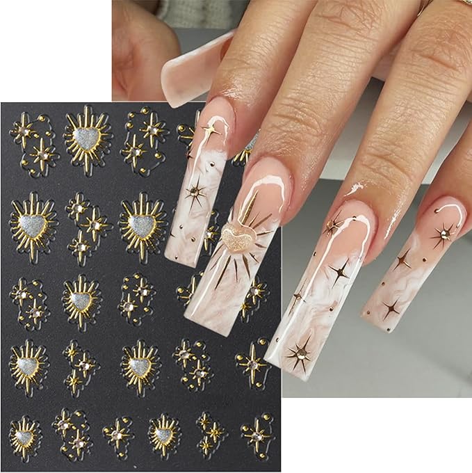 2 Sheets Gold Star Nail Decals for Nail Art Celestial Nail Stickers Embossed Star Nail Decals with Diamond Designs 5D Self-Adhesive Sun Nail Supplies for Women DIY Manicure Nails Decoration