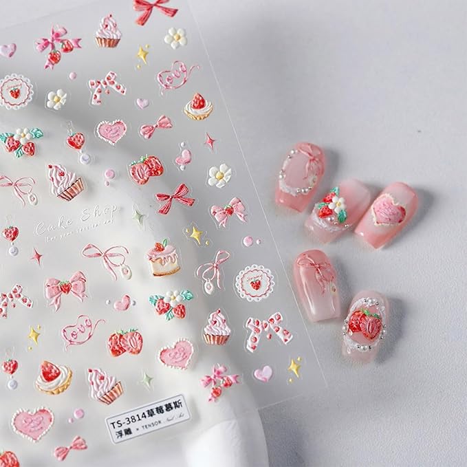 Strawberry Nail Stickers Pink Bow Nail Art Stickers 5D Self-Adhesive Nail Decals Strawberry Cake Nail Design Pink Nail Art Decoration Accessories for Women and Girls