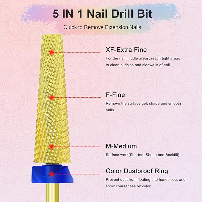 Depvko Super Long 5 in 1 Nail Drill Bits, 3/32'' Carbide Tungsten Bits, Two Way Rotate Professional Advanced Safety Bits for Nail, Fast Remove for Manicure Pedicure (Long 5in1-Gold, Medium-M)