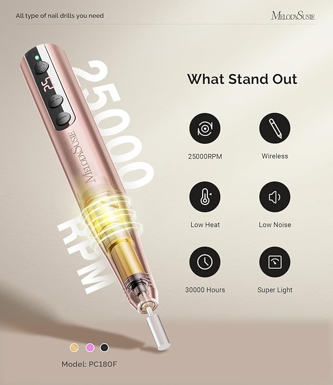 MelodySusie Pen-Shaped Portable CordlessNail Drill, PC180F 25000RPM RechargeableElectric File with LED Display for All NailCare, Manicure Shaping & Acrylic GelRemoval for Nail Artists DIY at Home