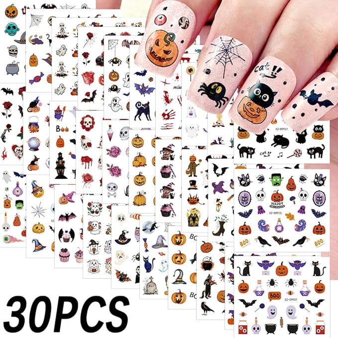 30 Sheets Halloween Nail Stickers for Nail Art, 3D Self-Adhesive Pumpkin Cat Nail Decals, Spider Bloody SkullNail Supplies Design Accessories for Women and Girls Manicure DIY Decoration