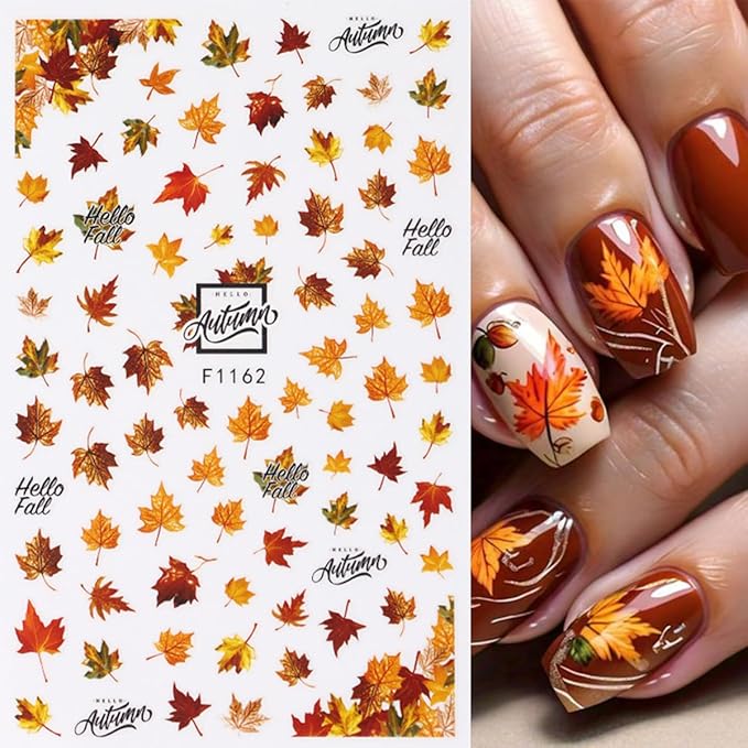 Fall Nail Art Stickers Decal 3D Maple Leaf Elk Pumpkin Self-Adhesive Nail Decals Thanksgiving Nail Stickers for Women DIY Manicure Autumn Party Nail Decorations Supply 6 Sheets